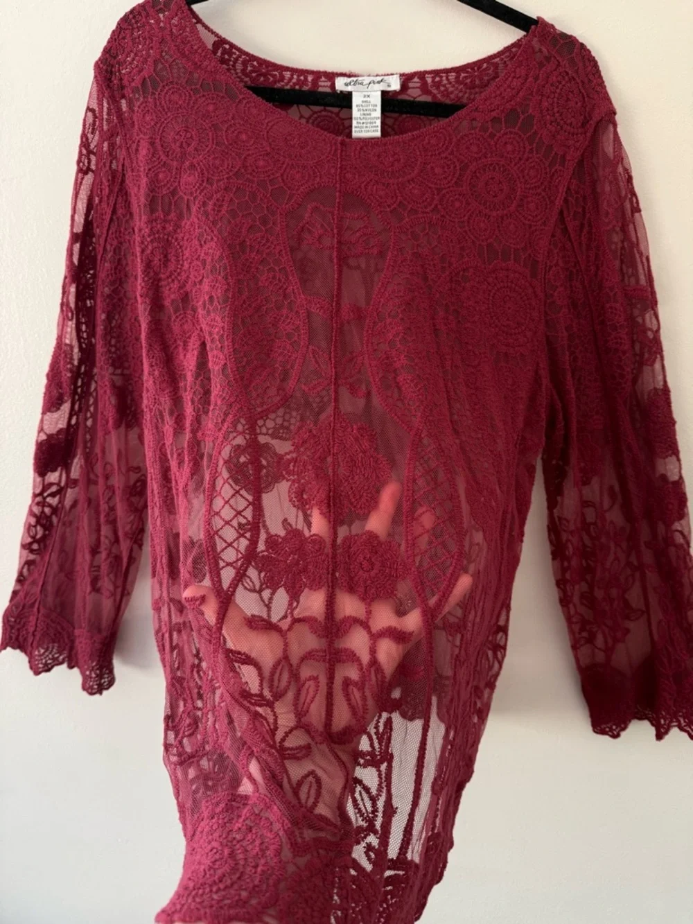 Sheer Crochet Burgundy Lace Long Sleeve Top Womens 2X Witchy Whimsigoth Boho - Picture 4 of 11